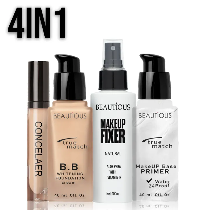 Beautious Deal of 04 Makeup Fixer + Makeup Base Primer + Foundation + Waterproof Concealer | Daraz.pk
