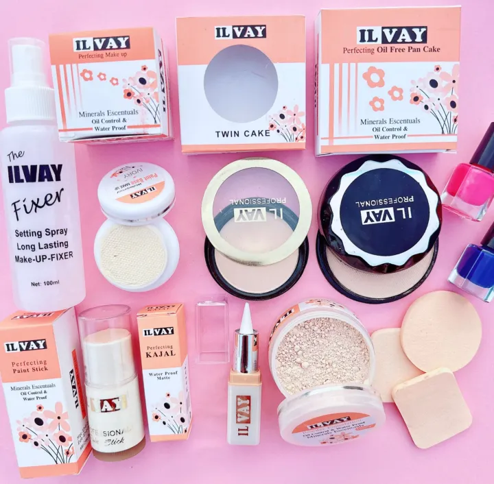 12PCS Bridal Makeup Deal - Makeup Fixer - Foundation Stick - Compact Powder - Loose Powder - Pan Cake - Kajal - 2Pcs Nail Polish - 3Pcs Sponge | Daraz.pk