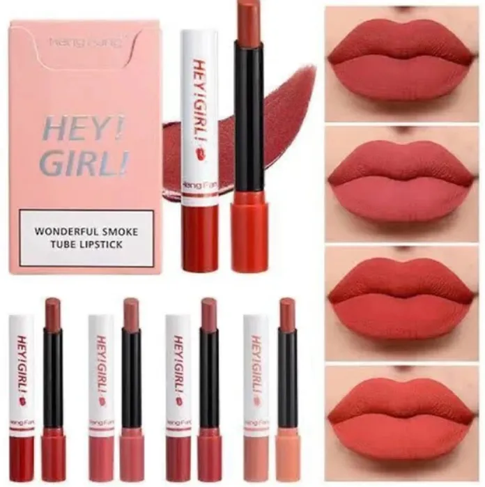 4 in 1 HengFang Korean Matte Lipstick Pack, Set of 4 Hey Girl smoke tube Moisturizing Long Lasting Waterproof Lipstick Women Make up Red, brown, pink, peach Velvet Cosmetic Lipsticks set | Daraz.pk