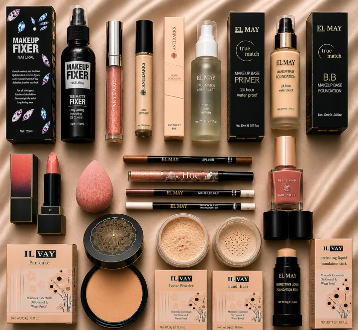 15Pcs Makeup Deal - Fixer + Lipgloss + Concealer + Primer + Foundation + Bullet Lipstick + Blender + 36H Liner + 2Pcs Pencil + 2 Nail Polish + Foundation Stick + Base + Loose Powder + Pan Cake | Daraz.pk