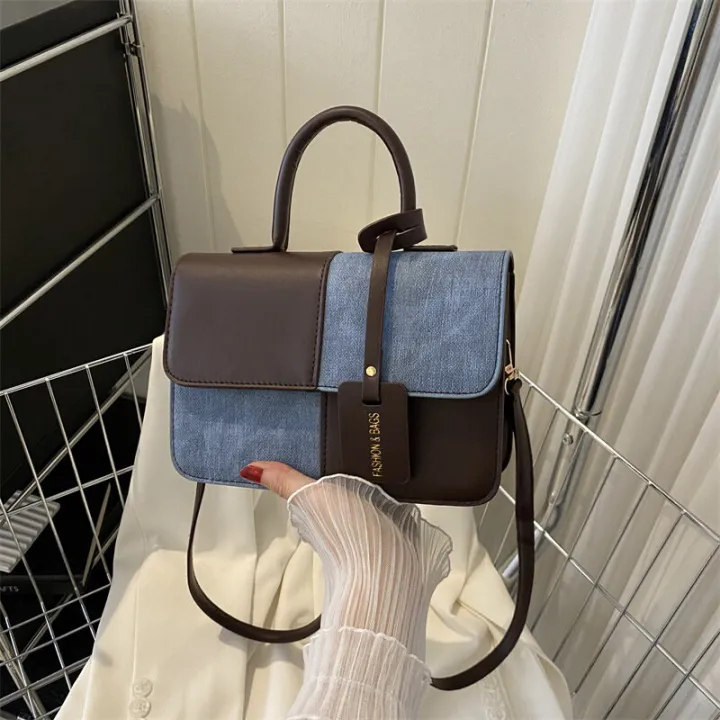 Women's Two-Tone Denim & Beige Top Handle Crossbody Satchel Bag | Daraz.pk