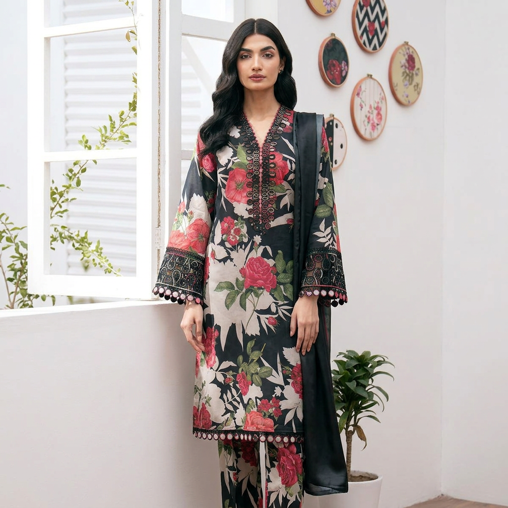 Parkash 3pcs Unstitched Swiss Lawn Suit with Elegant Silk Dupatta | Daraz.pk