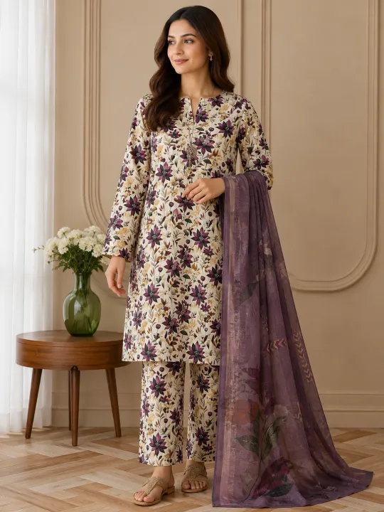 Malai Lawn Shirt And Trouser with Chiffon Dupatta 3 Piece Suit For Girls And Women | Daraz.pk